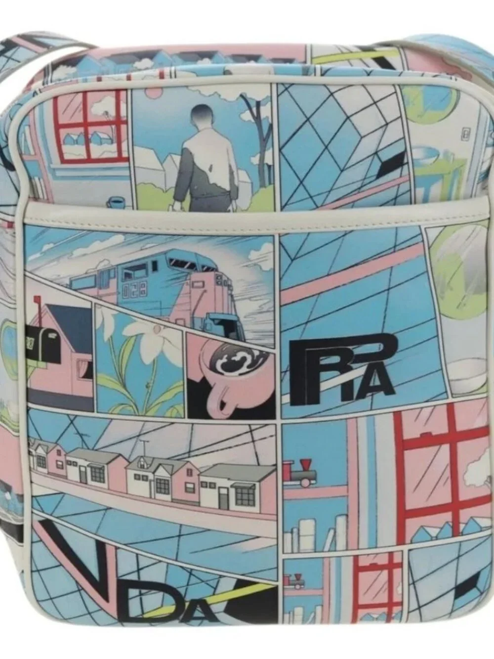 PRADA Comic Print Shoulder Bag Leather White Silver Auth